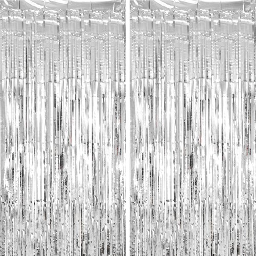 Voircoloria 2 Pack Silver Tinsel Foil Fringe Curtains, Silver Party Decorations, Metallic Tinsel Party Streamers Backdrop for Birthday Baby Shower Graduation Wedding Bachelorette Party Decorations