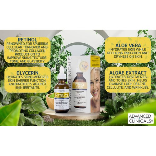 Advanced Clinicals Retinol Facial Serum Moisturizer Skin Care For Face, Anti Aging Retinol Concentrate Reduces Appearance Of Wrinkles & Fine Lines W/Nourishing Aloe Vera & Green Tea, 1.75 Fl Oz