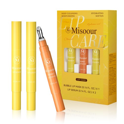 Misoour Lip Balm and Lip Mask Set - Lip Moisturizer with Vitamin C and Squalane, Lip Sleeping Mask for Hydrating and Nourishing, Bubble cleansing lip Gel x 1 and Lip Serum x 2 (0.14 floz Pack of 3)