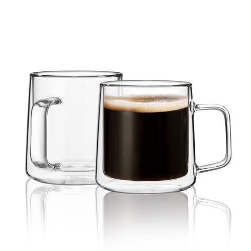 CNGLASS 10oz Glass Coffee Mugs,Double Wall Insulated Glass Mugs with Handle,Clear Espresso Mugs for Latte,Cappuccino,Tea Bag,Set of 2