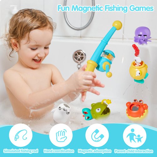 Bath Toys for Kids Ages 1-3 - Water Table Toys Set Magnetic Fishing Toy with Fishing Rod, Spinning Octopus & 2 Balls, Fishing net and Storage Bag, Fishing Games Water Pool Toys for Toddlers 1-3