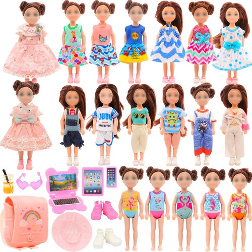 20 Pcs 5.3 Inch Doll Clothes & Accessories Include 5 Dresses 3 Outfits Tops and Pants 3 Swimsuits with 2 Shoes 1 Backpack 1 Laptop 1 Pad 1 Glasses 1 Drink 1 Hat for 5.3 - 6 Inch Dolls
