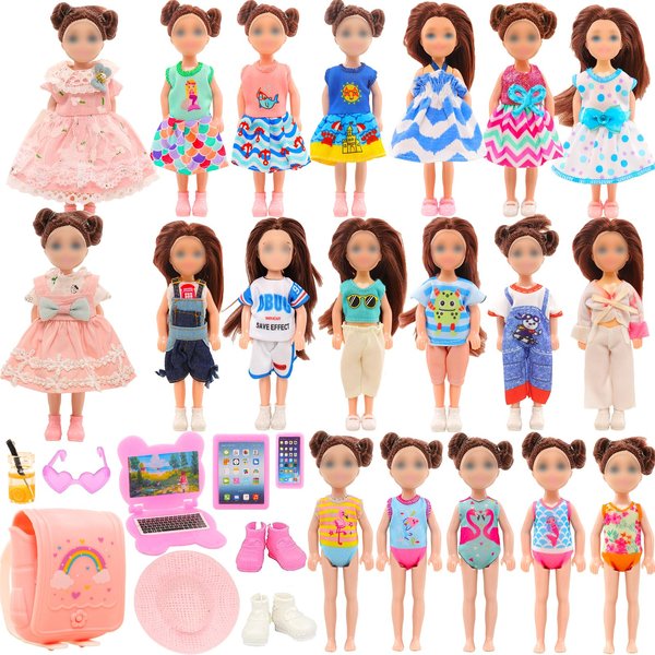 20 Pcs 5.3 Inch Doll Clothes & Accessories Include 5 Dresses 3 Outfits Tops and Pants 3 Swimsuits with 2 Shoes 1 Backpack 1 Laptop 1 Pad 1 Glasses 1 Drink 1 Hat for 5.3 - 6 Inch Dolls