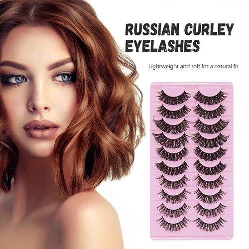 PearlGirl False Eyelashes Russian Strip Lashes D Curl Fluffy Wispy Natural Cat Eye Look Like Fake Eyelash Extensions 10 Pairs Multipack (D Curl- 5 Styles01)