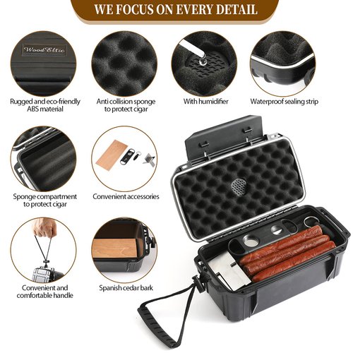 Woodelric Travel Cigar Humidor Box Case with Cigar Accessories & Spanish Cedar & Humidifier & Cigar Cutter & Cigar Stand Hold 10-15 Count -Cigar Waterproof Case, Crushproof, Airtight Seal Portable…