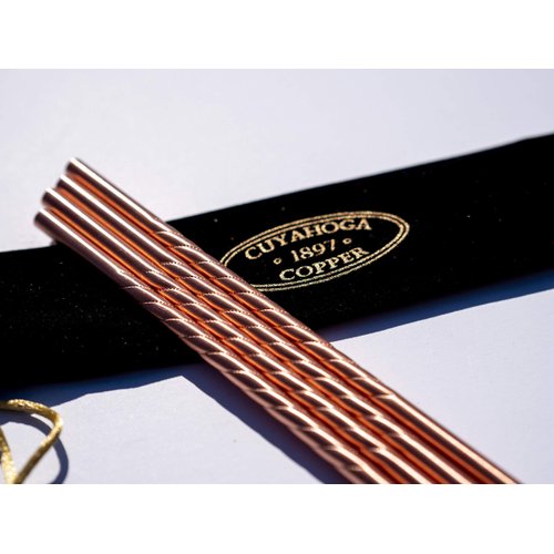 Set of 4 - Twisted Pure Copper Drinking Straws in Black Velvet Bag with Cleaning Brush. Part of the 1897 Collection from Cuyahoga Copper