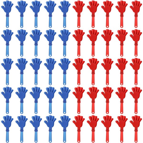 ZCYSRLQIN 50 Pcs Hand Clappers 7.5 Inch Plastic Clappers Noisemakers Party Favors Clapping Noise Maker Birthdays Game Prizes Classroom Rewards Football Sporting Events Cheers Supplies (Blue,Red)