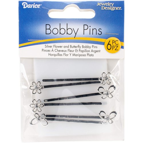 Jewelry Designer Decorated Bobby Pins 6 pieces: Assorted Silver Flower/Butterfly