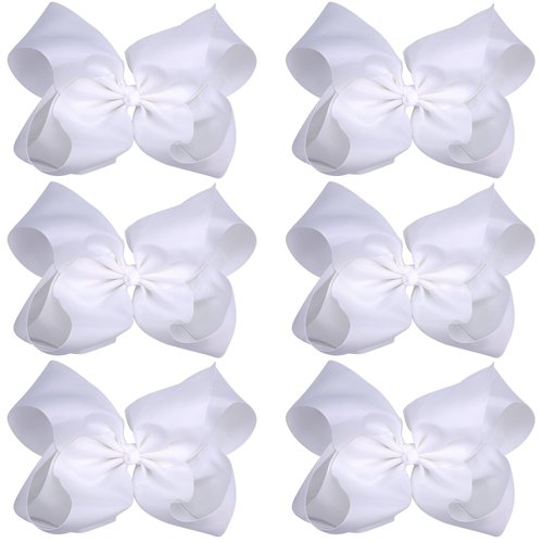Boutique Hair Bows Alligator Clips 6 Pcs 8 Inch for Infant Baby Girl Teens Girls Women (White)