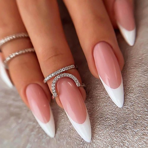 24Pcs French Tip Press on Nails Long Pink Gradient Fake Nails Stiletto False Nails Glossy Acrylic Nails with Almond Artificial Nails Full Cover Glue on Nails for Women Girls