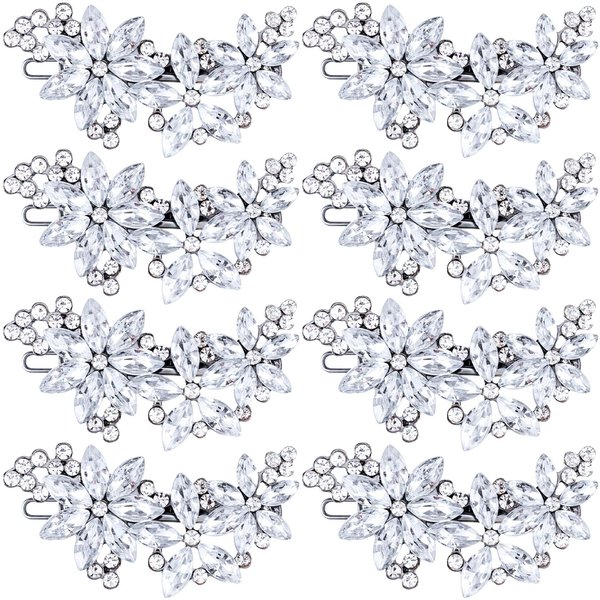 PAGOW Silver 8 Pcs Crystal Flower Hair Clips, Wedding Hair Accessories for Brides Women Girls, Rhinestone Flower Headpiece