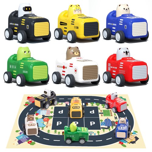 Zero Zoo Baby Toy Cars for 1 2 3+ Year Old Toddler, City Guard Series Press and Go, Pull Back Vehicle with Soft Plush Car Mat, Educational Gift for Kids, Boys and Girls
