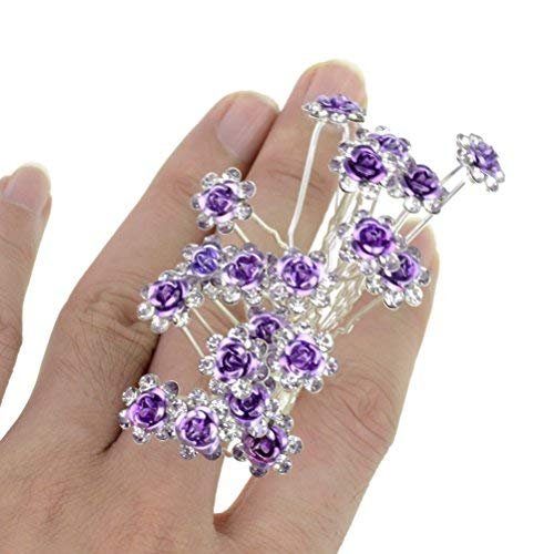 Rbenxia 20 Pcs Bridal Wedding Rhinstone Hair Pins hair Accessories Hair Sticks 2.4 Inches Bridal Prom Clips Rose U-shaped Hair Pins for Women and Girls, Purple
