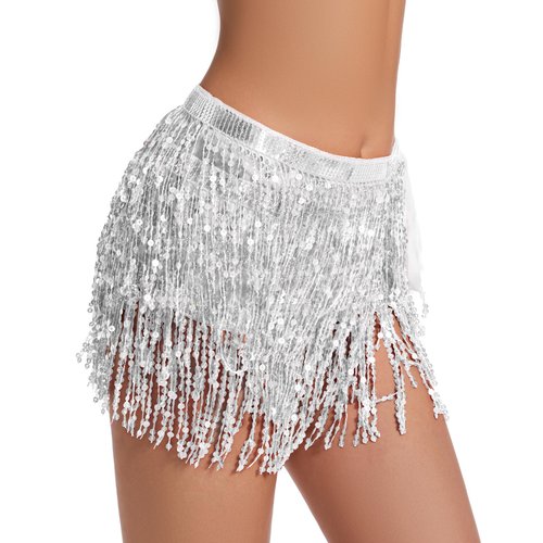 SISKIN Sequin Wrap Skirt Belly Dance Hip Scarf Tassel Skirt Sparkly Fringe Skirts Rave Costume for Women Sliver