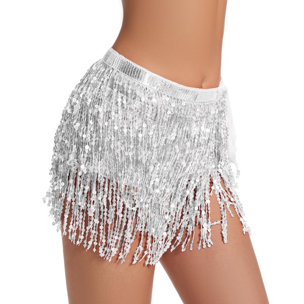 SISKIN Sequin Wrap Skirt Belly Dance Hip Scarf Tassel Skirt Sparkly Fringe Skirts Rave Costume for Women Sliver