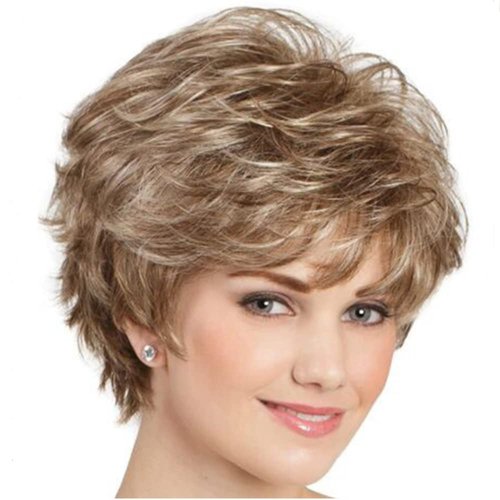 XIUFAXIRUSI XIUFAXIRUSI Short Brown Curly Wigs with Blonde Highlight Brown Pixie cut Wavy Wigs for White Women Layered Synthetic Full Wigs for Daily Party
