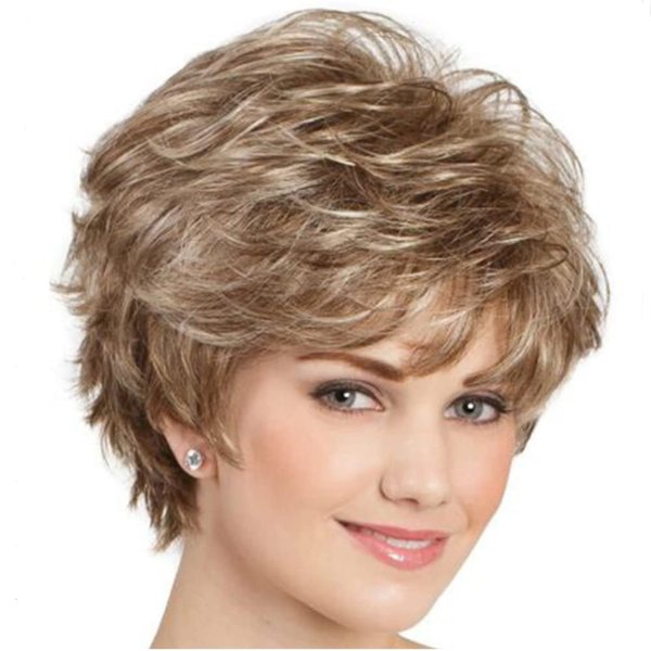 XIUFAXIRUSI XIUFAXIRUSI Short Brown Curly Wigs with Blonde Highlight Brown Pixie cut Wavy Wigs for White Women Layered Synthetic Full Wigs for Daily Party