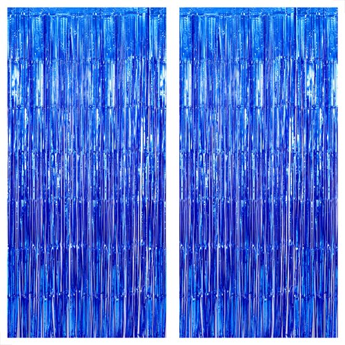 KatchOn, Metallic Blue Backdrop Curtain - 3.2x6.5 Feet, Pack of 2 | Blue Streamers Party Decorations | Blue Fringe Curtain for Under The Sea Party Decorations | Ocean Decorations, Blue Party Supplies