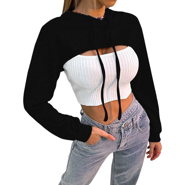 Women Long Sleeve Cropped Super Crop Top Hoodies Sweatshirt Aesthetic Punk Hip Hop Dance Sexy Rave Festival Clothes Going Out Tops Black S