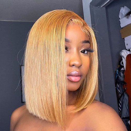 MUPRETTY Blonde Bob Wigs Human Hair 4x4 Lace Closure Wig 27# Honey Blonde Wig Human Hair Keep Silky And Smooth After Multiple Washes 100% indian 18A Raw Hair Wigs(12Inch)