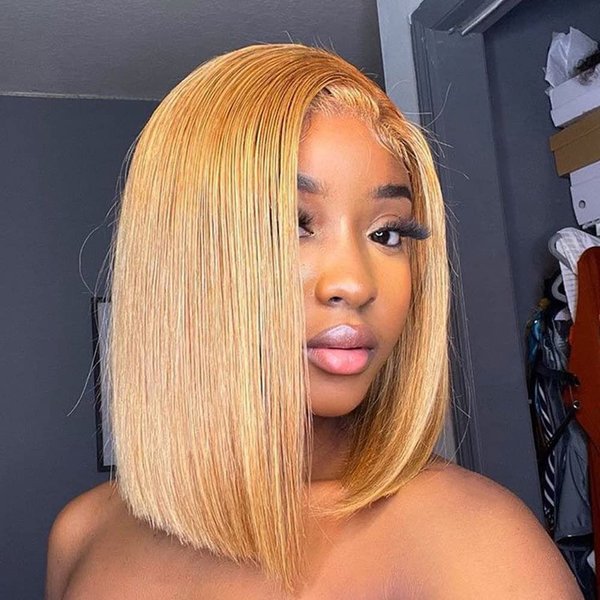 MUPRETTY Blonde Bob Wigs Human Hair 4x4 Lace Closure Wig 27# Honey Blonde Wig Human Hair Keep Silky And Smooth After Multiple Washes 100% indian 18A Raw Hair Wigs(12Inch)