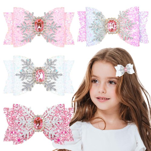 Whaline 4Pcs Glitter Snowflake Hair Bow Clips Christmas Pink Snowflake PU Leather Hairgrips Sparkly Alligator Clips for Winter Xmas Party Hair Accessories