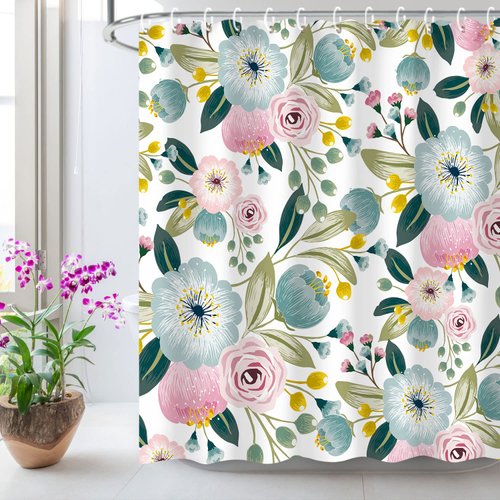 LIVILAN Mint Blue Shower Curtain Boho Shower Curtains Floral Blossom Flowers Shower Curtain Set Girly Light Blue and Pink Poppy Shower Curtains Colorful Fabric Bathroom Decor, 72" W x 72" H