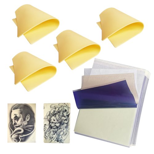 NEEDLEWALK Thick Blank Tattoo Skin Practice, 4 Pcs Double Sides 12x8x0.13" Tattooing Skins With 10 Pcs Tattoo Transfer Paper