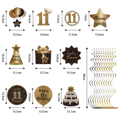 BRT Bearingshui Happy 11th Birthday Hanging Swirls Streams Ceiling Decorations, Celebration 11 Foil Hanging Swirls with Cutouts for 11 Years Old Black and Gold Birthday Party Decorations Supplies