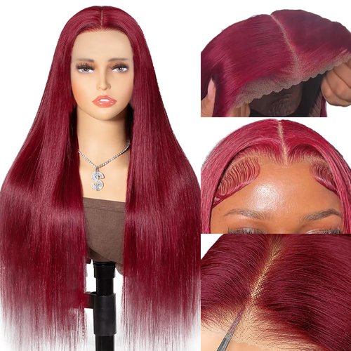 Burgundy Glueless Wigs Human Hair Pre Plucked Pre Cut 99J 13x4 HD Lace Closure Wigs Human Hair Wine Red Colored Straight Wigs Human Hair for Women 150% Density 3 Seconds to Wear for Beginners 22 Inch