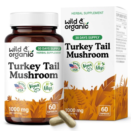 Wild & Organic Turkey Tail Mushroom Capsules 1000 mg - Immune Support - Turkey Tail Mushroom Powder Supplement - Coriolus Versicolor Mycelium Extract - Vegan, No Fillers, Non-GMO - 60 Count