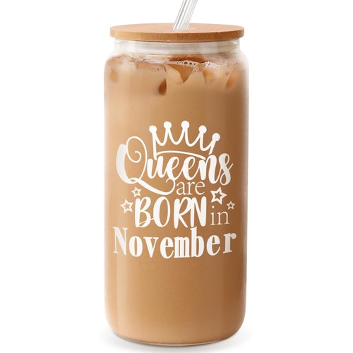 Birthday Gifts for Women, Funny Happy Birthday Glass Cup Tumbler for her, Girlfriend, Friends, Wife, Mom, Bestie, Daughter, Sister, 18oz Clear Can Glass with Straw & Lid, Queens are Born in November
