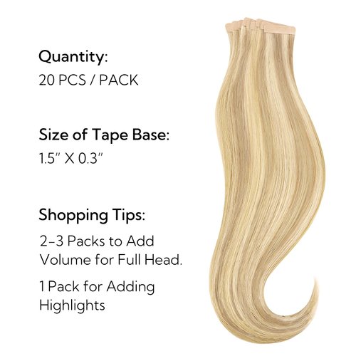 HOTBANANA Tape in Hair Extensions, 12 Inch Tape in Hair Extensions Human Hair 20pcs 40g Light Blonde Highlighted Golden Blonde Balayage (Ash Tone) Tape Hair Extensions Straight Tape in Extensions