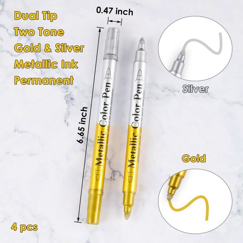 Dyvicl Metallic Marker Pens Dual Tip, Permanent Metallic Silver and Gold Paint Pens for Black Paper, Wine Glass, Rock Painting, Christmas Card Making, Scrapbook, DIY Crafts, Set of 4