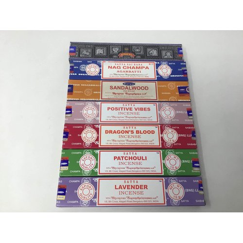 Satya Incense Gift Set Nag Champa, Super hit, Dragon's Blood, Sandalwood, Patchouli, Lavender, Positive Vibes, 15 g