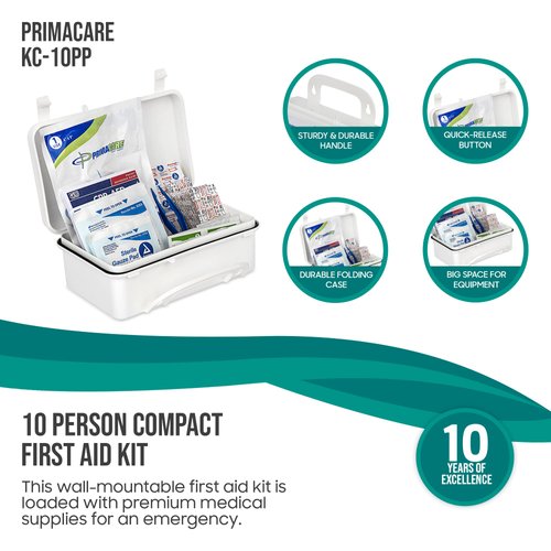 Primacare KC-10PP 10 Person Compact First Aid Kit, 8"x5"x3", with 102 Pieces Emergency Medical Supplies, Portable Kits for Home, School and Office, Wall Mount, White