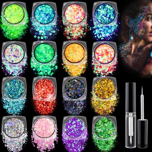 Chunky Glitter 8 Colors and Glow in The Dark Glitter 8 Colors with Glue Set 1, Holographic Body Glitter + Glow Glitter for Women Face Body Nail Hair Makeup at The Concert/Festival/Rave Party