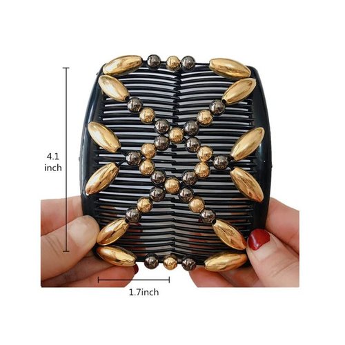 FXQHAN Stretch Combs For Girl, Magic Beading Hair Comb-Double Clips Hair Styling Accessories for Women Girls Hair Beauty (Gold)