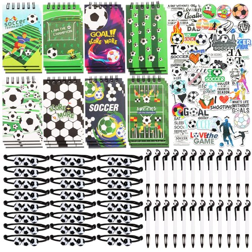 172 Pieces Soccer Party Favors Set, 24 Pieces Soccer Ball Pens 24 Pieces Soccer Bracelets 24 Pieces Soccer Mini Notepads 100 Pieces Soccer Stickers for Soccer Party Supplies Sports Gifts (Soccer)