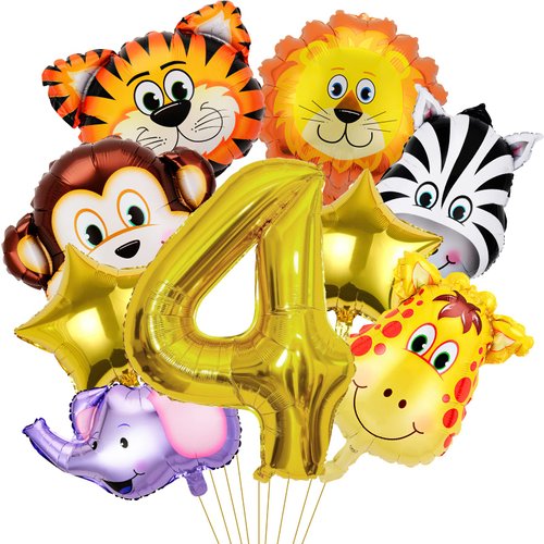 Jungle Safari Birthday Party Decorations, 9 Pack Safari Animal Balloons for Boy Kids Baby Shower Wild One Safari Jungle Theme 4th Birthday Party Supplies (4th)