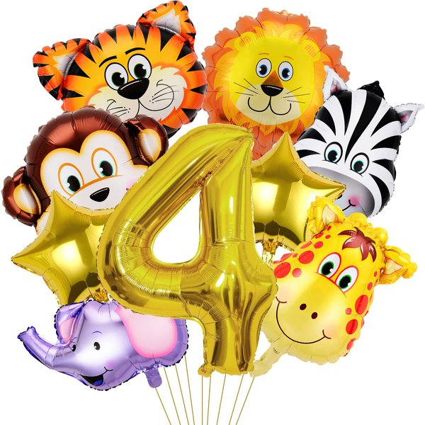 Jungle Safari Birthday Party Decorations, 9 Pack Safari Animal Balloons for Boy Kids Baby Shower Wild One Safari Jungle Theme 4th Birthday Party Supplies (4th)
