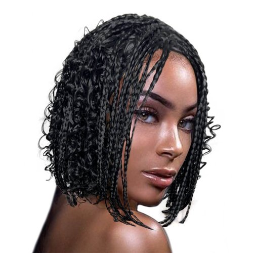 VAVANGA Short Box Braided Bob Wig for Black Women, 14 Inch Curly Goddess Box Braids Wigs Synthetic Box Braiding Hair Black Boho Braid Wigs for Women(#1B, 14")