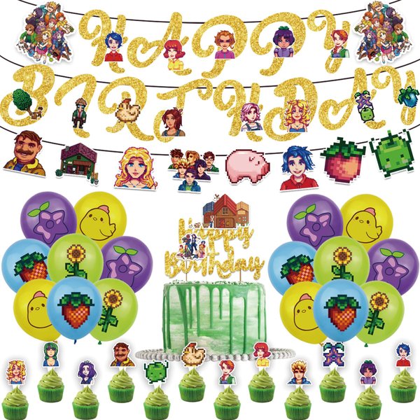 Stardew Valley Birthday Party Decorations Simulation Game DIY Party Supplies Include HAPPY BIRTHDAY Banner Balloons Cake Topper Cupcake Toppers Pattern Banner Farm Game Party Decorations