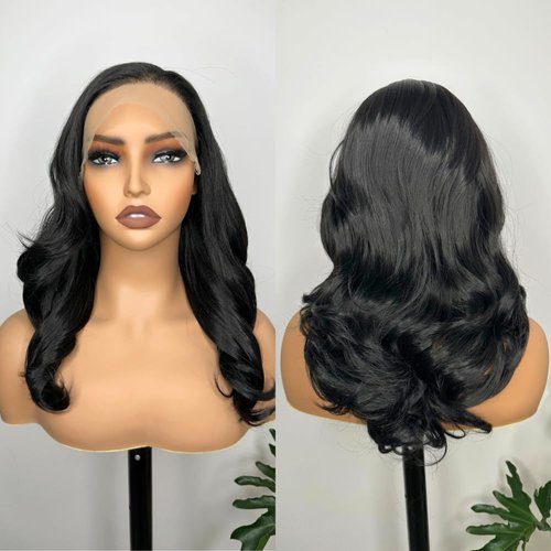 LOLYDEER 13X6 Body Wave Lace Front Wigs Black Wavy Synthetic Lace Front Wig HD Glueless Lace Wigs Pre Plucked Natural Hairline With Baby Hair 18 Inch Wear And Go Wigs For Black Women