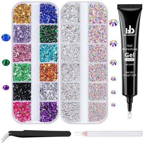 BELLEBOOST Nail Art Rhinestone Glue Gel&2 Boxes Flatback Gems Kit, 1 Tube of 15ml Rhinestone Gel Glue+Colorful Gems+Flat Back Round Glass Crystal AB&Clear Gemstones with Pickup Tools