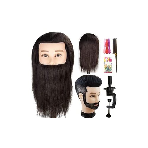 JMHAIR Professional Barber Male Mannequin head with human Hair Men Training Manikin Cosmetology Doll Head Short Hair Cutting (Black With Beard)