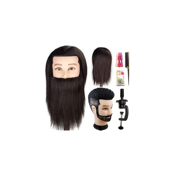 JMHAIR Professional Barber Male Mannequin head with human Hair Men Training Manikin Cosmetology Doll Head Short Hair Cutting (Black With Beard)