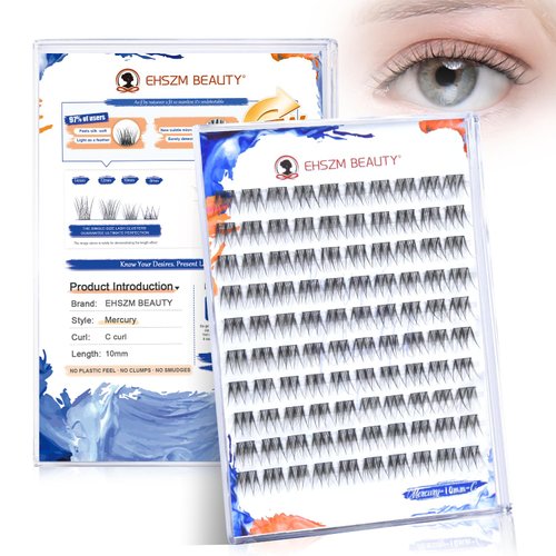 Ehszm Beauty Upgraded,Wispy Lash Clusters 10mm C Curl Only,Eyelash Clusters Natural,Ultra-Soft Individual Lashes,Empowered by New Softening Factor.No Plastic Feel,New Comfort - Mercury Style