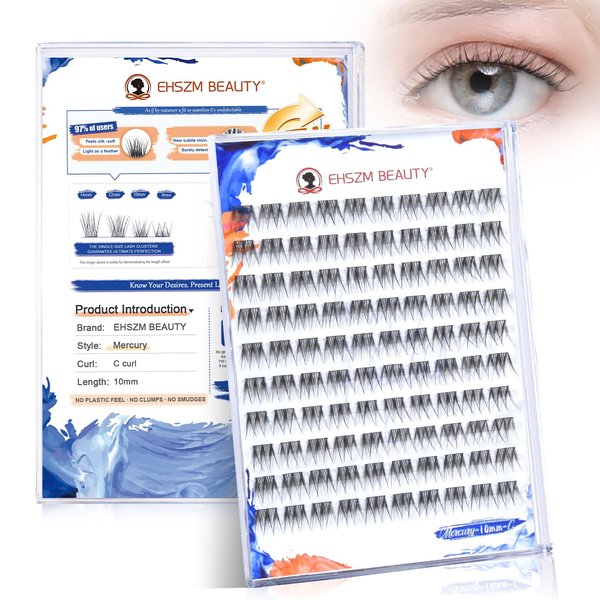 Ehszm Beauty Upgraded,Wispy Lash Clusters 10mm C Curl Only,Eyelash Clusters Natural,Ultra-Soft Individual Lashes,Empowered by New Softening Factor.No Plastic Feel,New Comfort - Mercury Style
