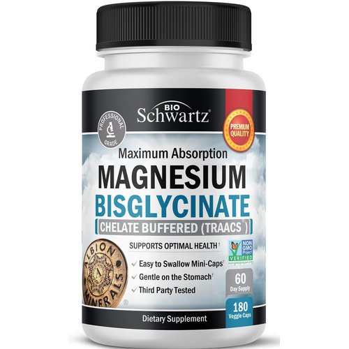 Magnesium Bisglycinate 100% Chelate No-Laxative Effect - Maximum Absorption Magnesium Supplement - Fully Reacted & Buffered for Energy Muscle Bone & Joint Support - Non-GMO Project Verified -180ct